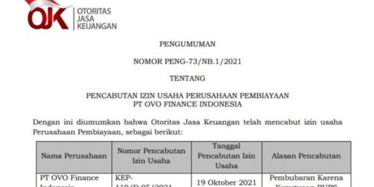 OJK Cabut Izin Usaha OVO Finance Indonesia
