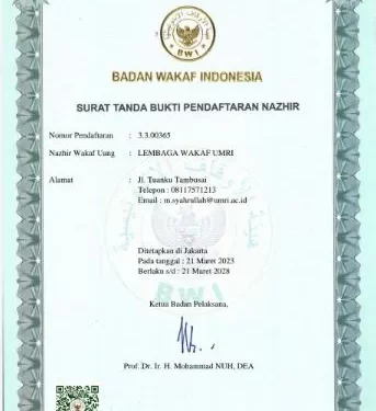 Umri Resmi Memiliki Lembaga Wakaf Pertama di Sumatera
